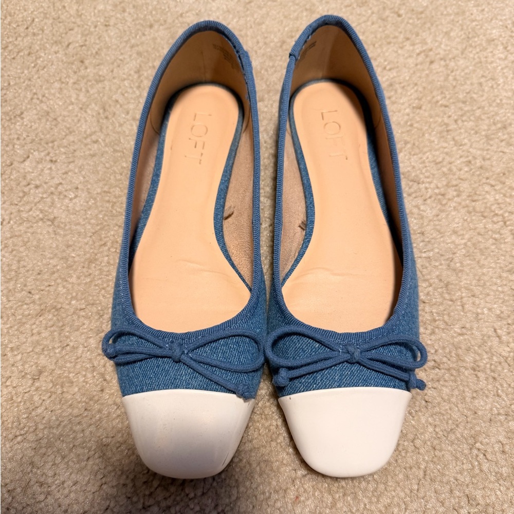LOFT Denim Blue Ballet Flats with White Cap Toe and Bow